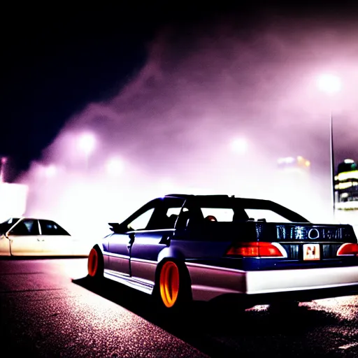 Image similar to a car JZX100 at illegal car meet, Chiba prefecture, city midnight mist lights, cinematic color, photorealistic, highly detailed, 50MM