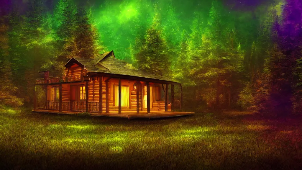 Image similar to portrait of an ethereal log cabin made of golden purple and green light, evergreen forest, divine, cyberspace, mysterious, dark high-contrast concept art