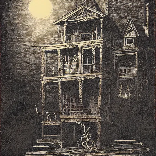 Image similar to ghost in a haunted house woodcut print by greg rutkowski