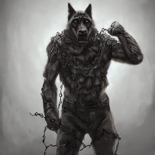 Image similar to a wounded humanoid german shepherd beast - man in military style, his hands are covered with wires, sitting on the bed, highly detailed portrait, digital painting, artstation, concept art, smooth, sharp foccus ilustration, artstation