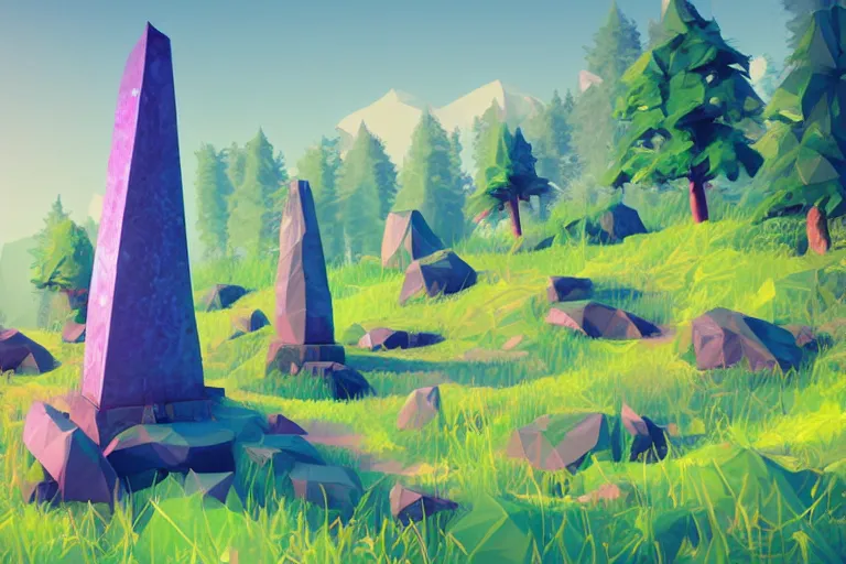 Image similar to super detailed color lowpoly art, overgrown mystical meadow with numerous trees, ancient stone obelisks with subtle glowing runes, unreal engine, retrowave color palette, 3 d render, lowpoly, colorful, digital art, perspective