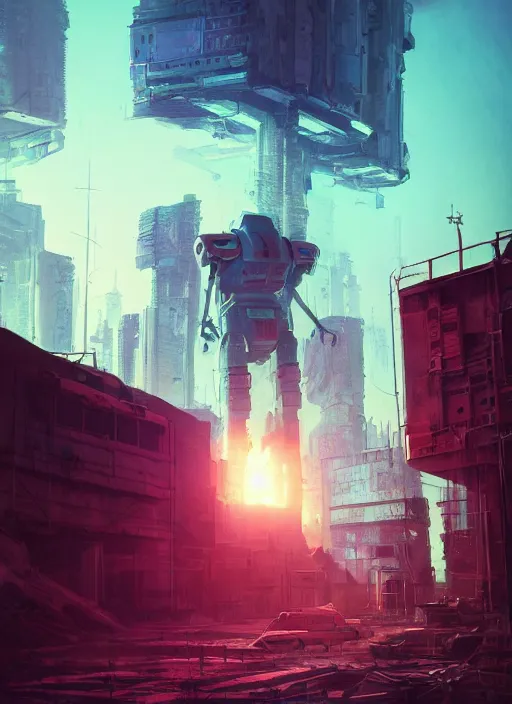 Image similar to a painting of a giant robot standing in front of a post apocalyptic city ruins, cyberpunk art by beeple, artstation hd, dystopian art, apocalypse art, sci - fi, glowing neon lights anamorphic lens flare