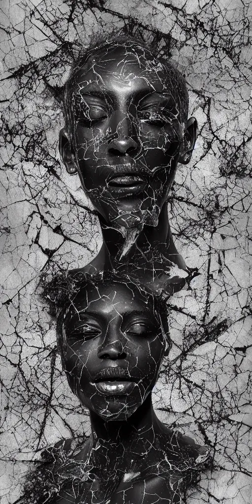 Image similar to realistic digital painting of a stunning intricate cracked black marble falling african american angel with face sculpture, mycelium stands and misty xparticles neutral tone background, trending on artstation, hyperrealism, matte painting, subsurface scattering