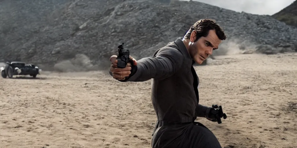 Prompt: still from actor henry cavill in the new james bond movie, amazing detail, sony fx 3, dp roger deakins