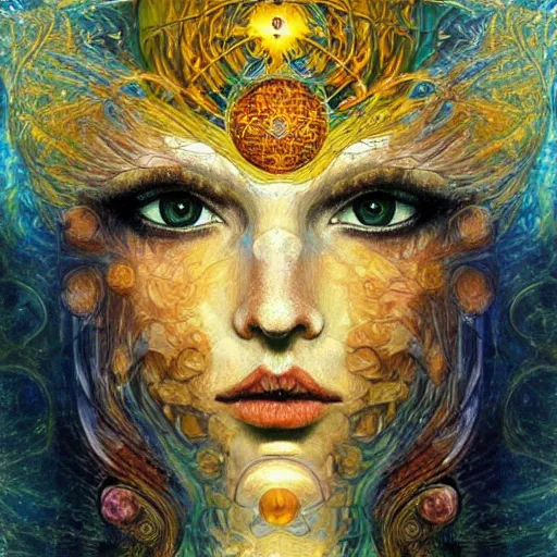 Prompt: Divine Chaos Engine by Karol Bak, Jean Deville, Gustav Klimt, and Vincent Van Gogh, beautiful visionary mystical portrait, sacred geometry, otherworldly, fractal structures, ornate gilded medieval icon, third eye, spirals