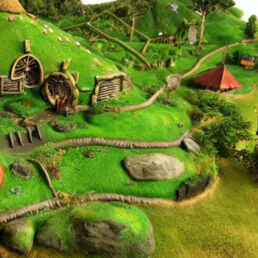 Image similar to the shire, hobbit village. green rolling hills, hobit mounds, hobbit people living life green open world colourful - rated, award winning, realistic, detailed lighting, detailed shadows
