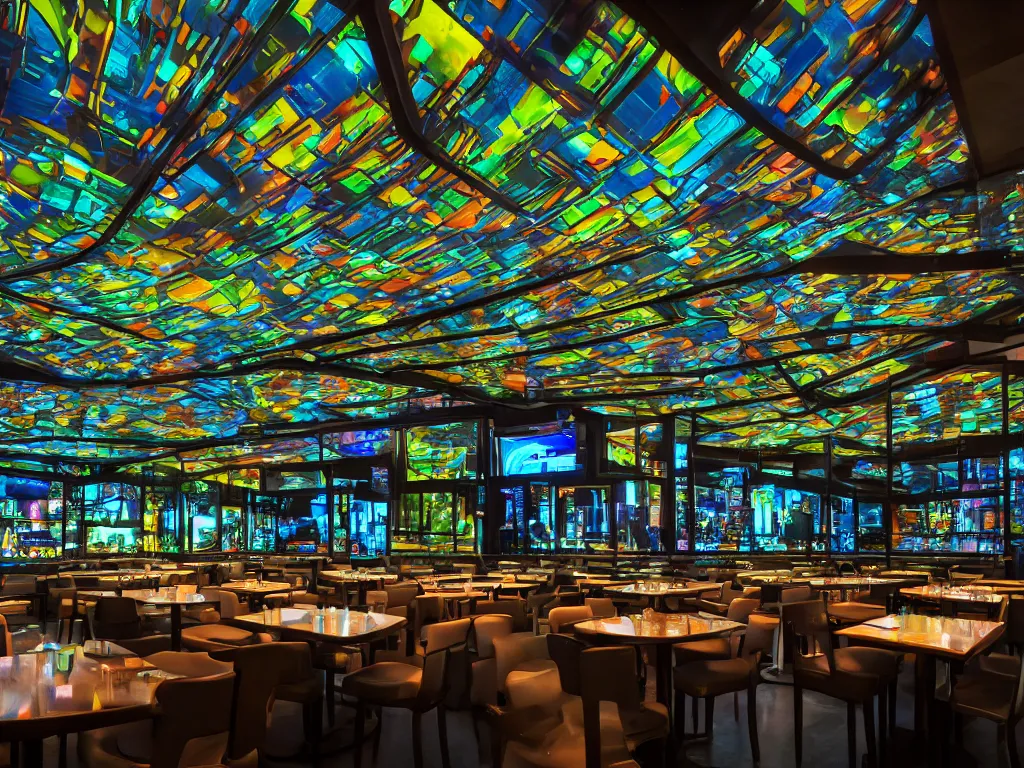 Image similar to screens with curved translucent screens projecting detailed sci - fi art, pixel perfect photograph, high contrast, volumetric lighting, thin glowing lights, restaurant, chairs, users, pair of keys