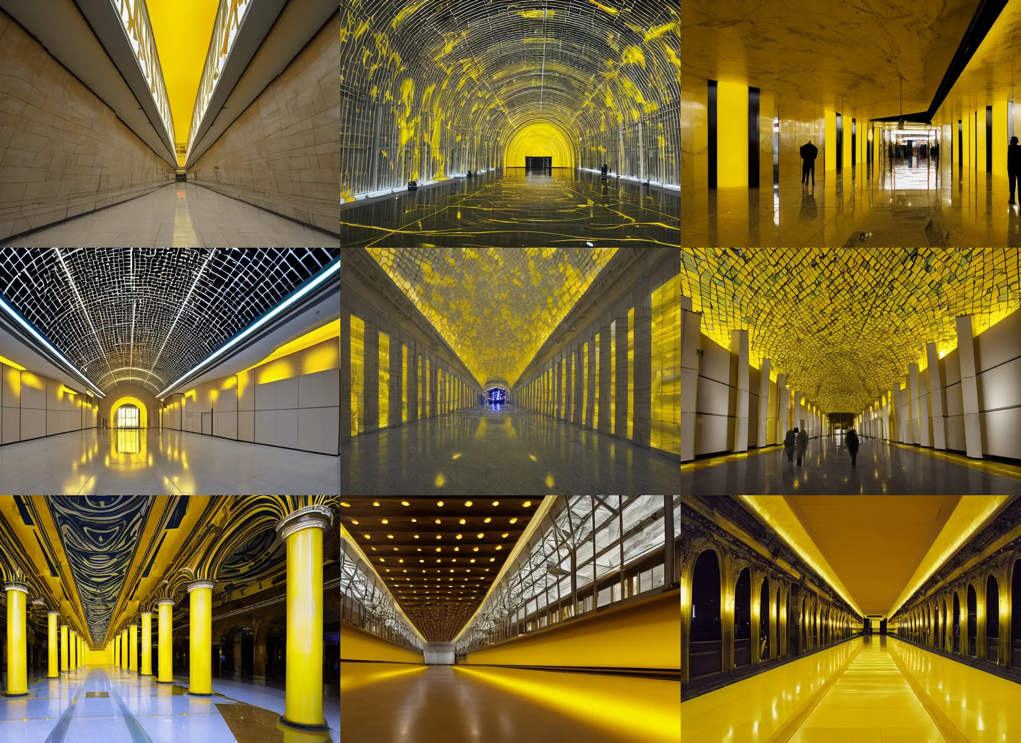 Prompt: a big standing in the middle of a yellow marble corridor, lit with yellow fluorescent lights, interior, architecture, IMAX