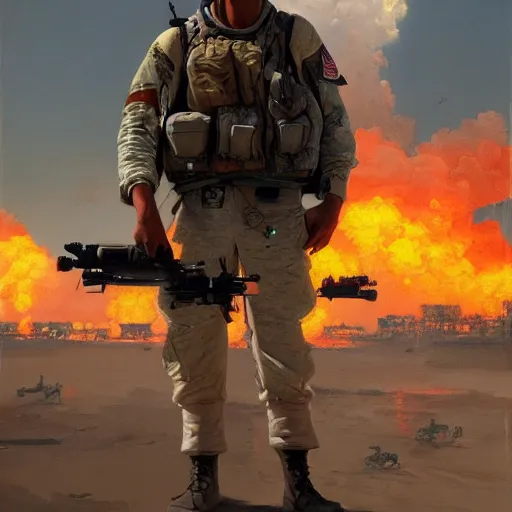 Image similar to a painting of a character fighting in the gulf war by Bernardo Bellotto, high detail, hyperrealistic, concept art, artstation, 8k