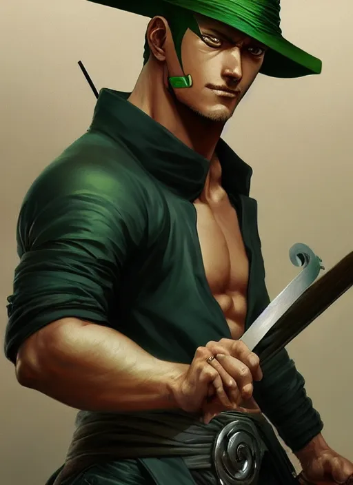 Image similar to ultra realistic illustration, handsome zoro. intricate, highly detailed, digital painting, artstation, concept art, smooth, sharp focus, illustration, art by artgerm and greg rutkowski and alphonse mucha and wlop