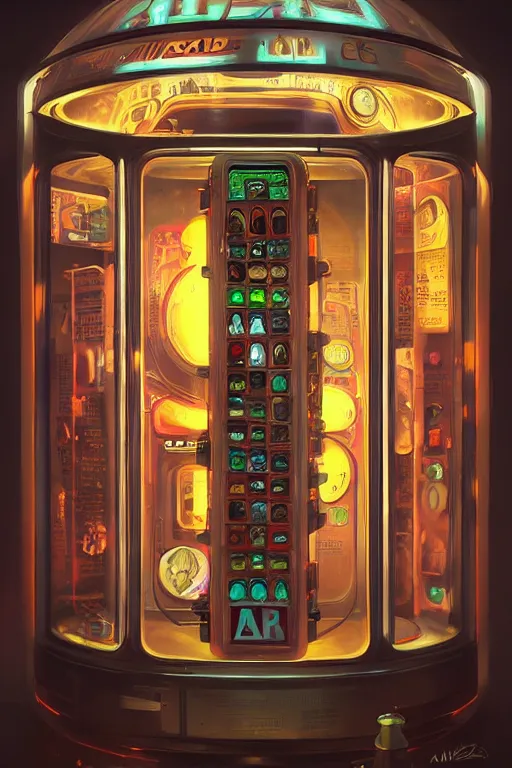 Image similar to futuristic vending machine with magic potions inside, highly detailed, 8k, rim lighting, digital painting, artstation , concept art, sharp focus, illustration, art by greg rutkowski and alphonse mucha