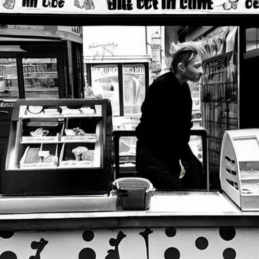 Image similar to “ thom yorke is buying ice - cream at the dirty ice - cream booth in the street, movie screenshot, cinematic, epic, dramatic ”