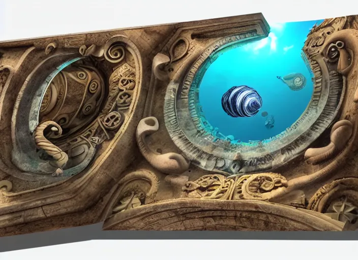 Prompt: highly detailed rendering of the nautilus entering atlantis, side view, portholes, fantastic city gate, ornate, jellyfish, cinematic, 8 k, hd,