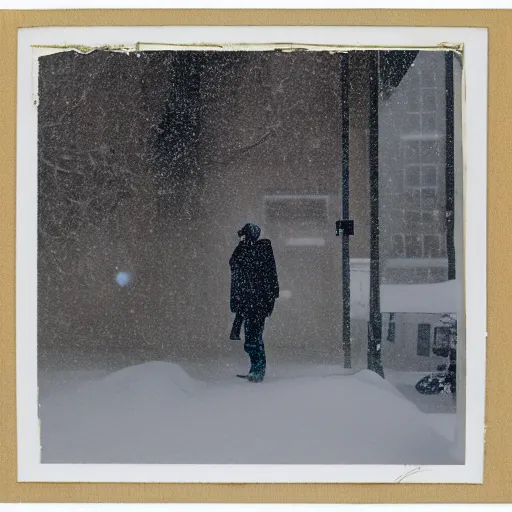 Prompt: photograph of a man sleepwalking during a blizzard, 8 0 mm film