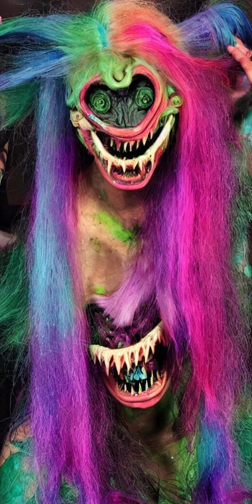 Image similar to a brutal terrifying and mysterious weird toy monster of chaos warped in horror with long rainbow - colored hair, her skin has gaps, spikes, and complex alien textures, terrifying and mysterious