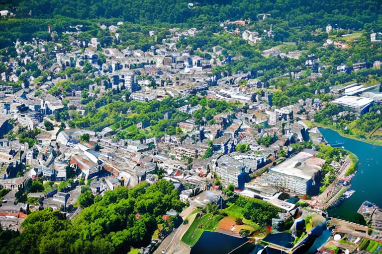 Image similar to bird's eye view photography of a small city. town hall, central farm, monorail station, beach and shipping dock. hills, woods and lake to the north.