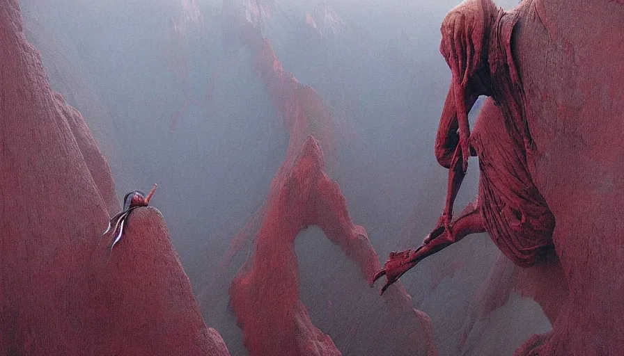 Image similar to landscape artwork of veiled red skeletal angel climbing over a mountain, artwork by zdzislaw beksinski