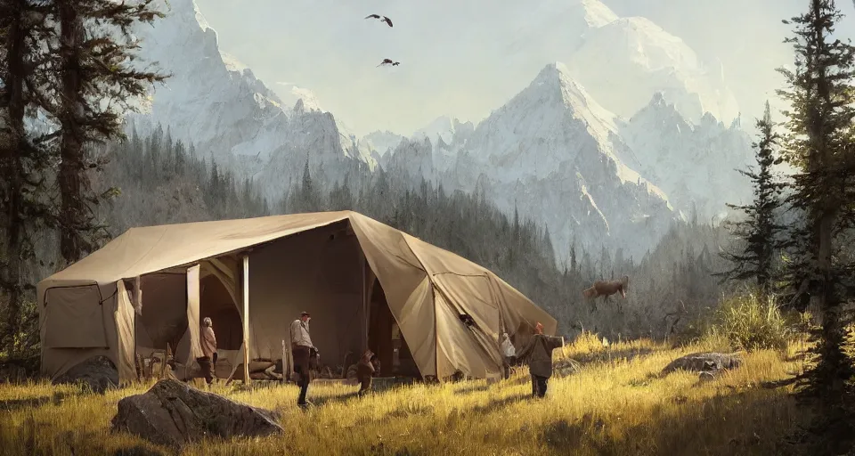 Prompt: cabela's beautiful comfortable modular insulated wall kit - house all weather family dwelling tent house, person in foreground, mountainous forested wilderness open fields, beautiful views, painterly concept art, joanna gaines, environmental concept art, farmhouse, magnolia, concept art illustration, by james gurney, by craig mullins, by greg rutkowski trending on artstation