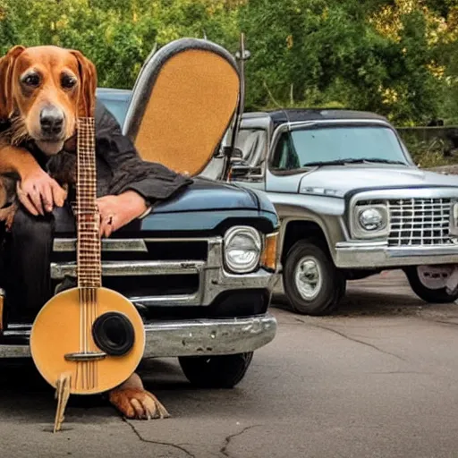 Image similar to A folkpunk brown hound dog playing the banjo in front of a pickup truck