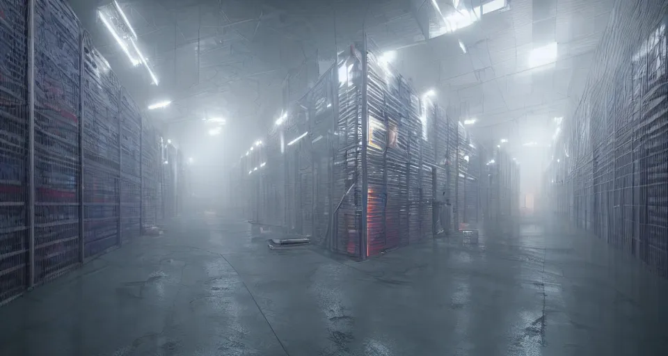 Image similar to illustration of rows of cryopods in a cold warehouse, refrigerated storage facility, rolling fog, greg rutkowski, cyberpunk, dramatic lighting, unreal engine 5, colorful