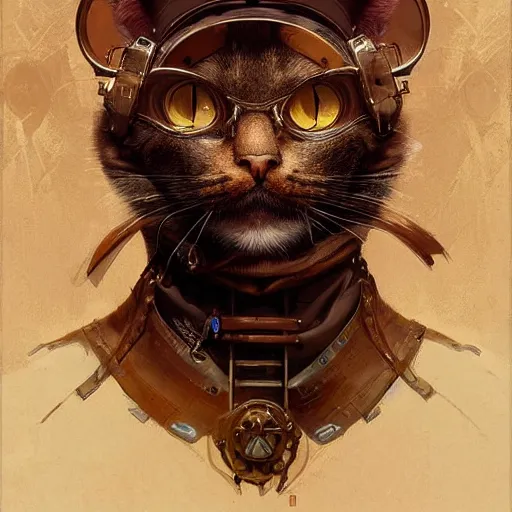 Prompt: Portrait of a steampunk cat, science fiction, highly detailed, digital painting, artstation, concept art, illustration, art by Greg Rutkowski and alphonse mucha