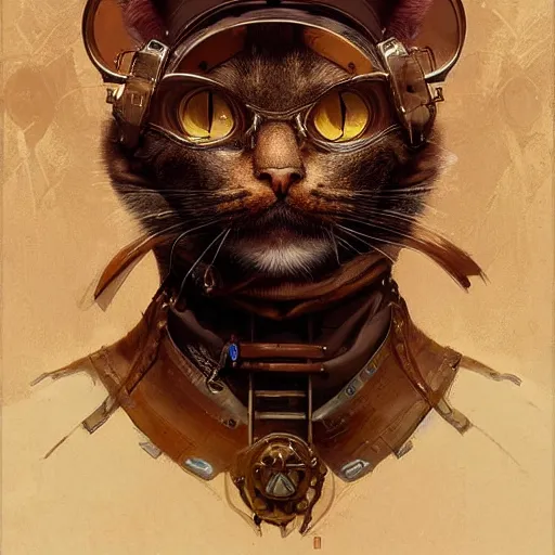 Image similar to Portrait of a steampunk cat, science fiction, highly detailed, digital painting, artstation, concept art, illustration, art by Greg Rutkowski and alphonse mucha