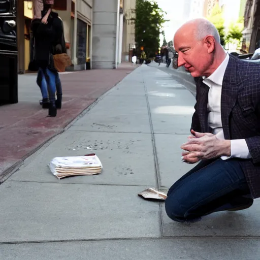 Image similar to jeff bezos begging on the street, highly detailed, photograph