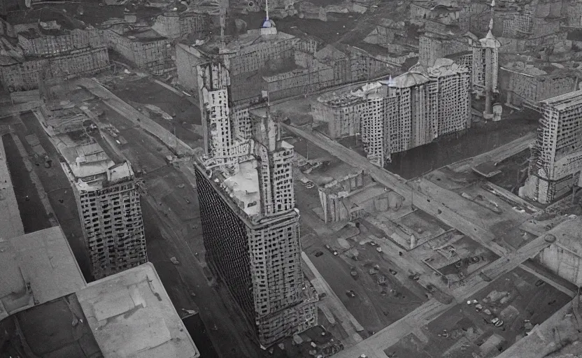 Image similar to 2000s historic footage of a soviet city with stanilist style high rise and pedestrians, aerial photo night vision, Cinestill 800t 18mm, heavy grainy picture, very detailed, high quality, 4k panoramic, billboards and streetlight at night, rain, mud, foggy