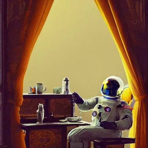 Prompt: a single cosmonaut in a spacesuit drinks a steaming cup of tea at an old wooden desk in a richly decorated house. :: by beeple and James Gilleard and Justin Gerard :: the autumn light comes in through a window and dimly illuminates the room. Ornate, dynamic, particulate, intricate, elegant, highly detailed, centered, artstation, smooth, sharp focus, photoreal octane render, 3d