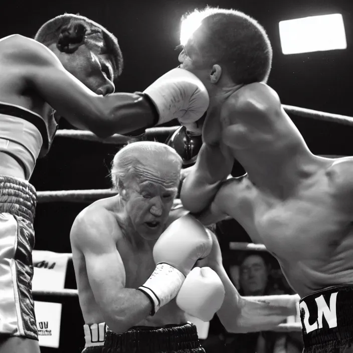 Prompt: boxing match of joe biden and donald trump, zoomed b & w detailed sharp photo