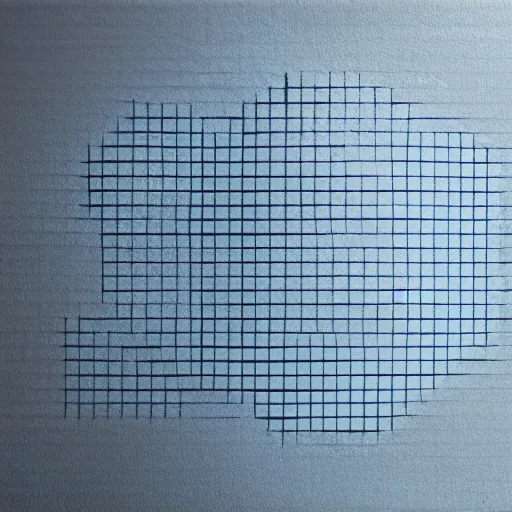 Image similar to a piece of cardboard with a grid of blue tape on it leaning on a gray wall, realistic painting