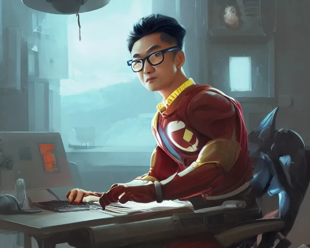 Image similar to an insanely detailed painting of a nerdy asian man wearing a superhero costume, sitting at a desk, staring at the nervously at the computer and typing, in the style of peter mohrbacher, dramatic lighting and composition, octane render, pixar, trending on artstation, concept art, comic book, view from behind