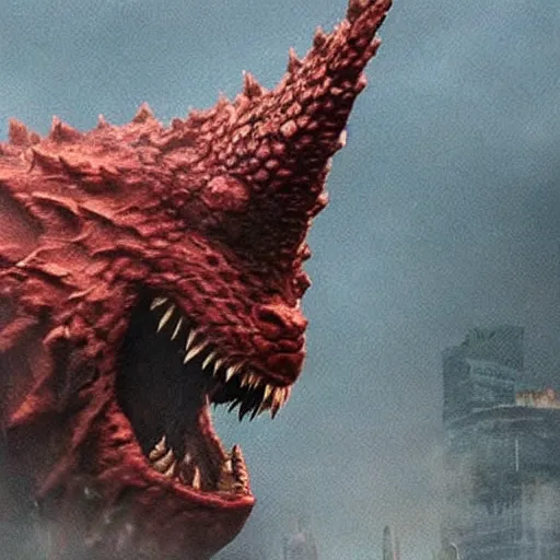 Prompt: close up of godzillas face de - aged in a marvel movie