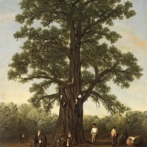 Prompt: huge tree with a lot of hung bodies, southern gothic art, 1 9 th century scene, painted by friedrich caspar david