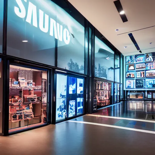 Image similar to interior photography of a Microsoft Samsung flagship store in the style of Denis Villeneuve, guardians of the Galaxy, the last jedi, blade runner 2049, retaildesignblog, dezeen, 14mm, pentax, film