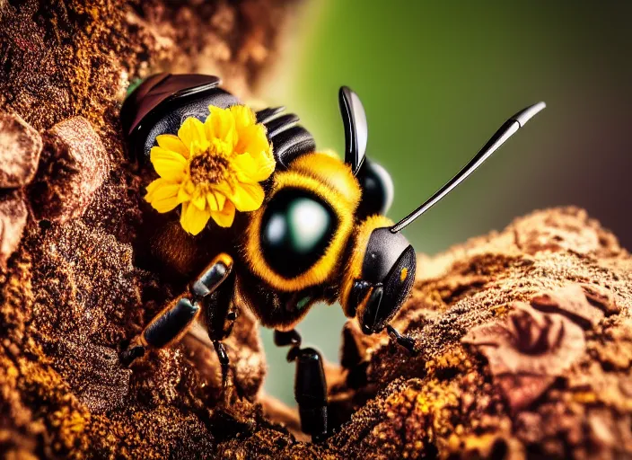 Image similar to super macro of a mechanical robotic cyborg bee drinking from a flower in the forest. fantasy magic style. highly detailed 8 k. intricate. nikon d 8 5 0 3 0 0 mm. award winning photography.