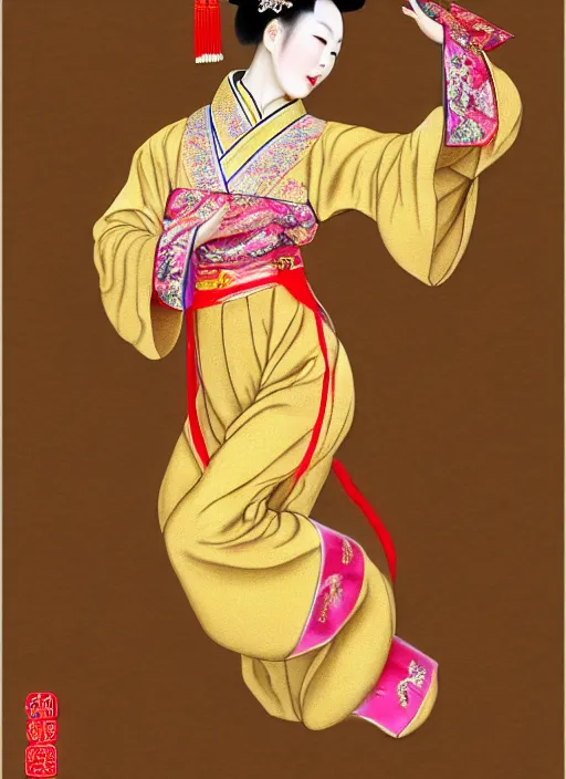 Prompt: full portrait of a chinese dancer doing silk ribbon dance, barefoot, agile, elegant, extremely beautiful, elaborate gold jewelry, hanfu, traditional chinese clothing, ming dynasty, detailed, realistic face, anatomically accurate, fantasy art.