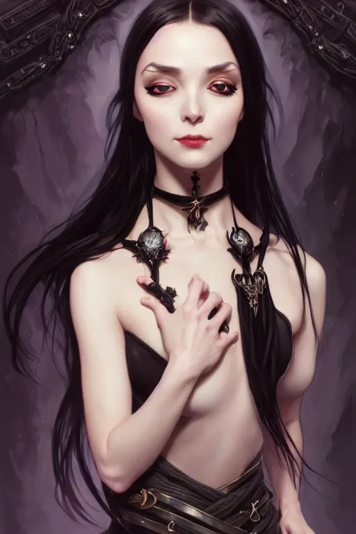 Prompt: Portrait of seductive female necromancer, D&D, revealing stylish dress, choker on neck, long black hair, mouth slightly open, slight nerdy smile, fantasy, intricate, elegant, highly detailed, digital painting, artstation, concept art, smooth, sharp focus, illustration, art by artgerm and greg rutkowski and alphonse mucha