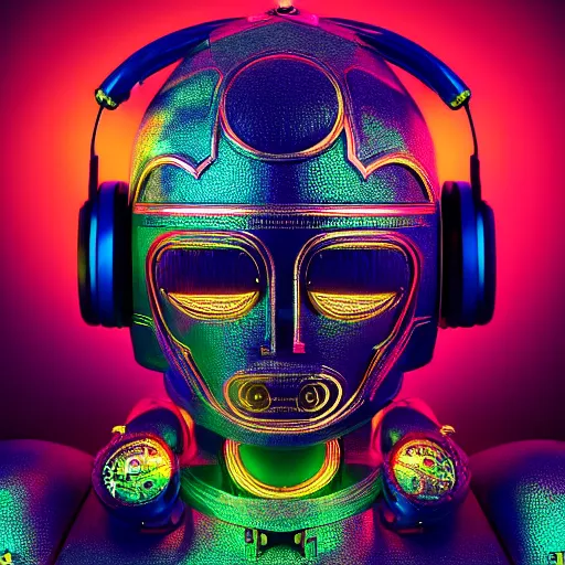 Prompt: a glossy claymodel of a steampunk aztec futurism robot head with glowing headphones, 8 k, symetrical, flourescent colors, halluzinogenic, multicolored, very detailed, black background, 3 d render,