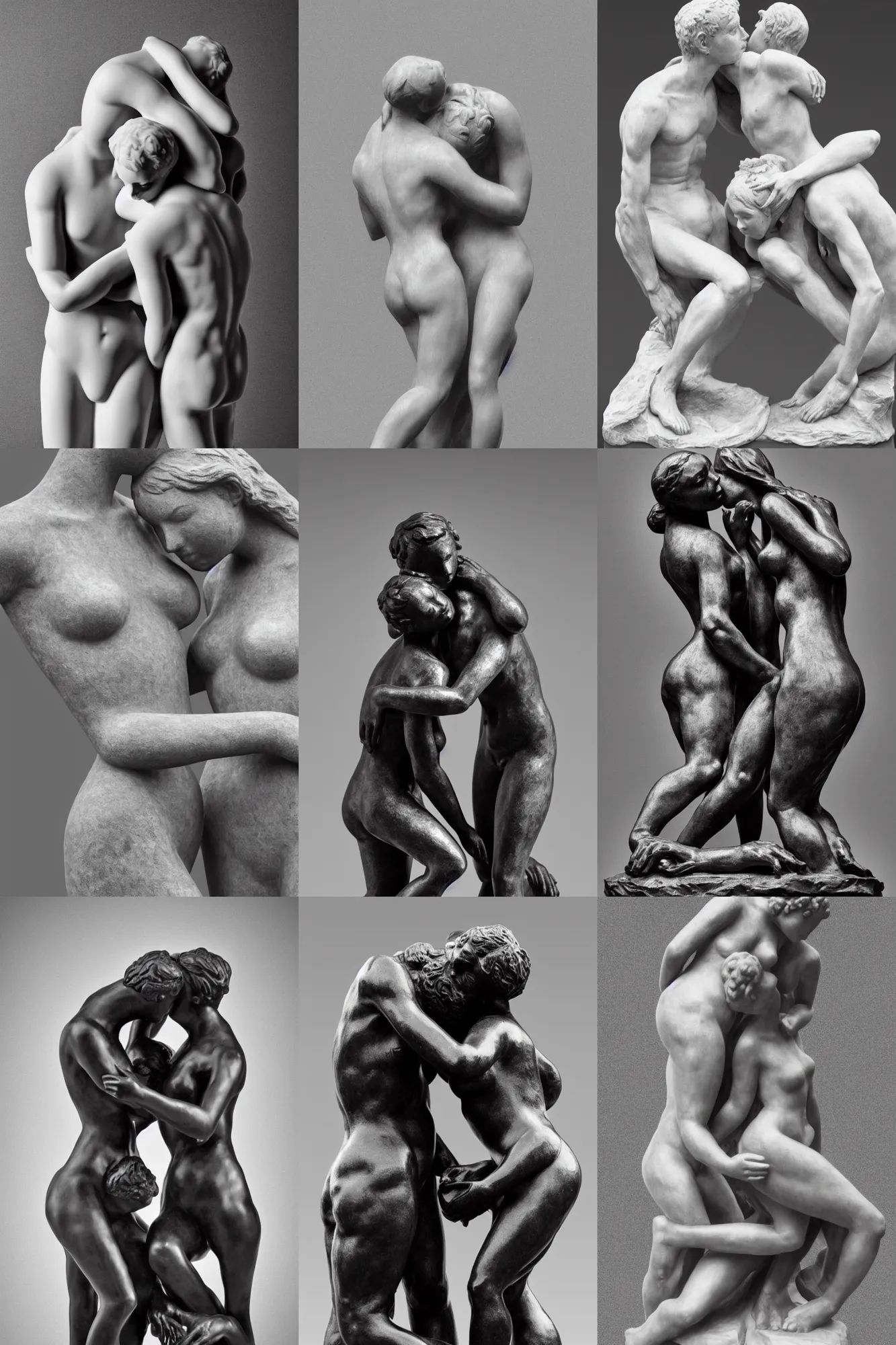 Prompt: black and white photo of rodin sculpture of a couple kissing female figure . Full body shot; hyper realism dramatic lighting, high detail 4K