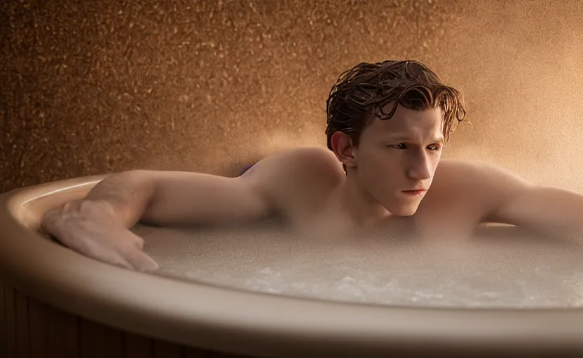 Image similar to photographic portrait by Annie Leibovitz of Tom Holland in a hot tub, foggy, sepia, moody, dream-like, sigma 85mm f/1.4, 15mm, 35mm, 4k, high resolution, 4k, 8k, hd, full color