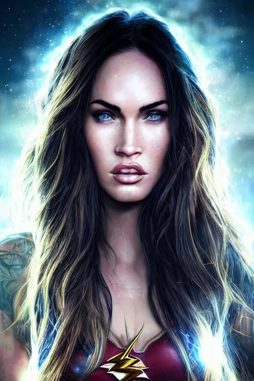 Image similar to majestic and regal portrait of megan fox female the flash, dc universe, perfect face, beautiful, intricate, epic, elegant, fantasy, highly detailed, digital painting, hard focus, beautiful volumetric lighting, epic light, ultra detailed, by leesha hannigan, ross tran, thierry doizon, kai carpenter, ignacio fernandez rios