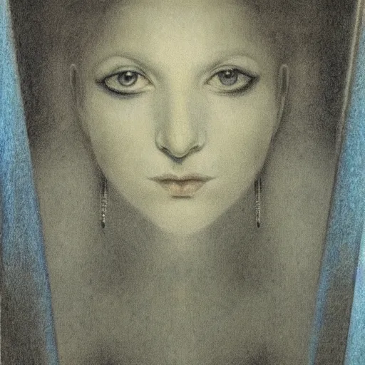 Image similar to Goldfrapp, pencil drawing. El Greco, Remedios Varo, Salvador Dali, Carl Gustav Carus, John Atkinson Grimshaw. Blue tint. Symetrical, logo, geometric shapes.