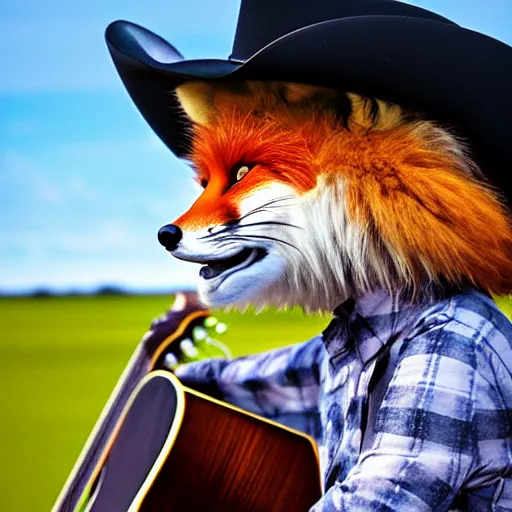 Image similar to a female fluffy anthropomorphic fox animal, wearing cowboy hat, wearing plaid shirt, playing guitar, in a field, barn in background, album cover style