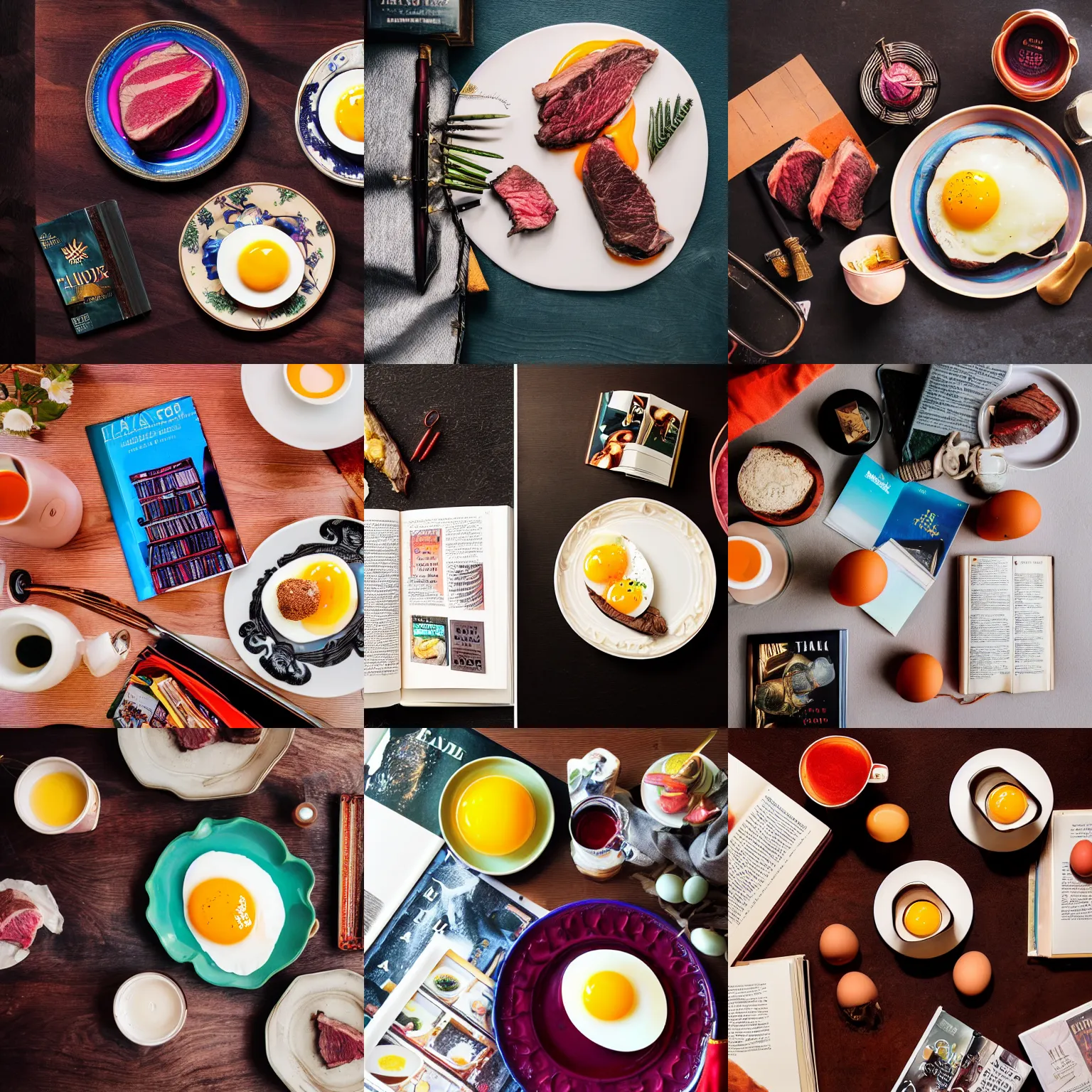 Prompt: flatlay book collection, vivid colors, dramatic lighting, a plate of steak and eggs