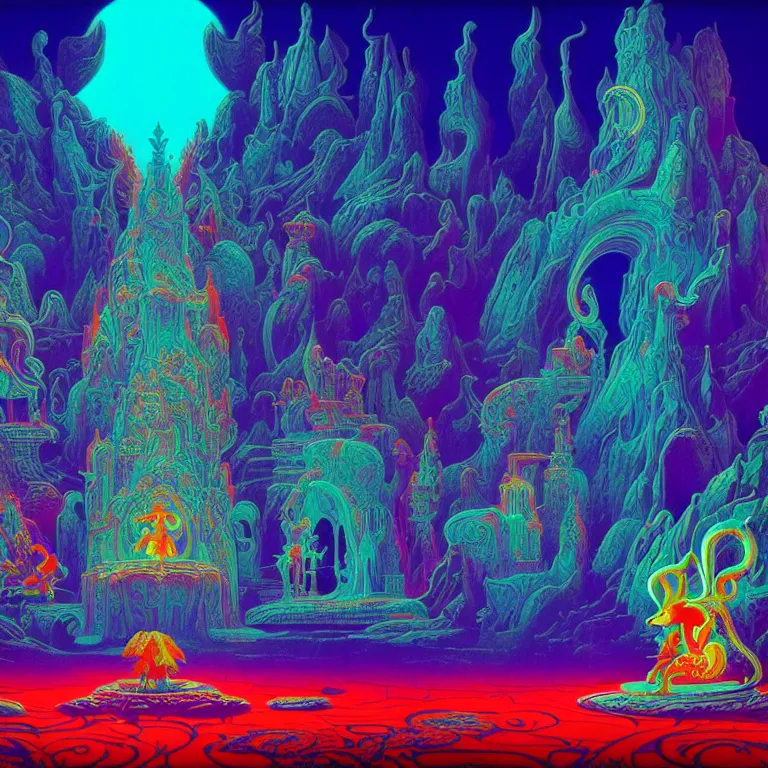 Prompt: interior mythical crystal temple, dog and rabbit silhouettes, psychedelic waves, synthwave, bright neon colors, highly detailed, cinematic, eyvind earle, tim white, philippe druillet, roger dean, ernst haeckel, lisa frank, aubrey beardsley, kubrick