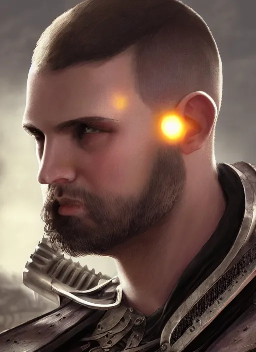 Image similar to buzzcut hair stubble male gunslinger shooter, dndbeyond, bright, realistic, dnd character portrait, full body, art by ralph horsley, dnd, rpg, lotr game design fanart by concept art, behance hd, artstation, deviantart, global illumination radiating a glowing aura global illumination ray tracing hdr render in unreal engine 5