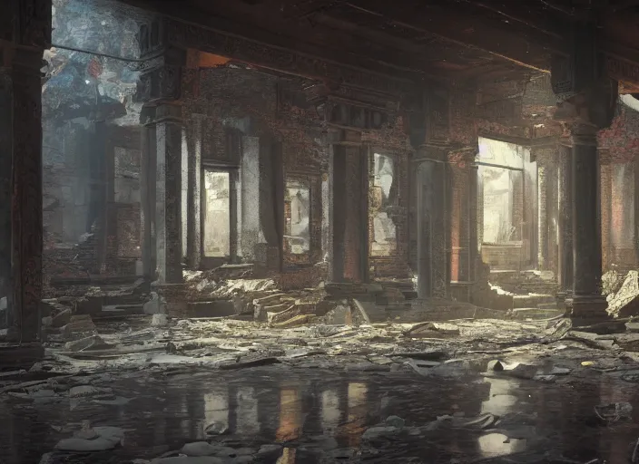 Image similar to a detailed matte painting of a temple interior, broken windows, walls peeling, broken tiles, broken windows, digital art, immaculate scale, trending on artstation