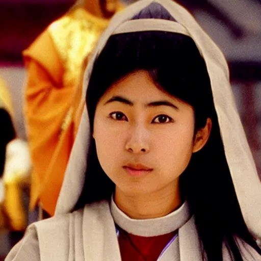 Image similar to Priest Tripitaka played by teenage Masako Natsume with bald head on a pilgrimage to India to fetch holy scriptures and save the world, IMAX Movie Still