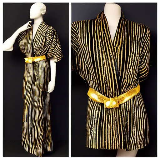 Image similar to a beautiful model in kimono gold and black striped, tiger inspired, realistic, intricate details.